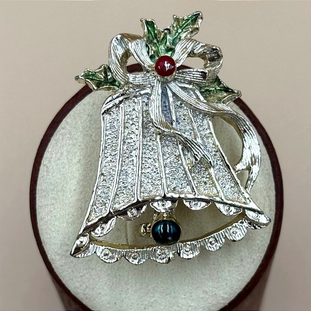 Vintage Gerry's Silver-Tone Enamel Tied Bow Bell Christmas Holiday Brooch Pin